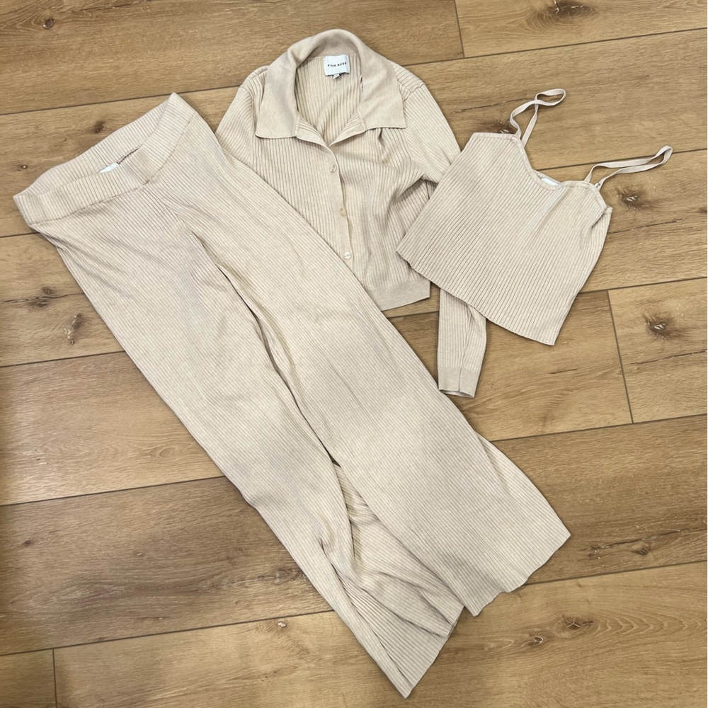 Women's Cream Ribbed Pants & Top Set